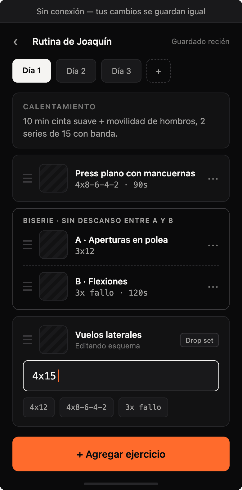 El constructor de rutinas de Repla: días 1 a 3, bloque de calentamiento, una biserie sin descanso y el esquema 4x15 escribiéndose a mano.